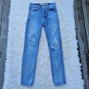 Size 24 Crop Jeans High Rise Ankle Re/Done Distressed Stretch Denim Button Fly